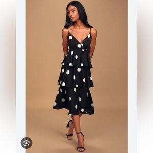 New OPT Cava Polka Dot Tiered Midi Dress Black White Size S